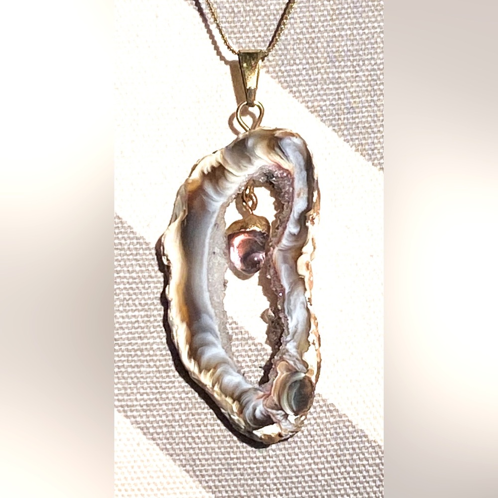 Crystal Geode Slice Amethyst Necklace Pendant with Gold Tone Chain